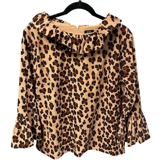 Elizabeth Wilson Ruff Neck Flare Sleeve Corduroy Leopard Print Top Womens Large - Picture 1 of 6